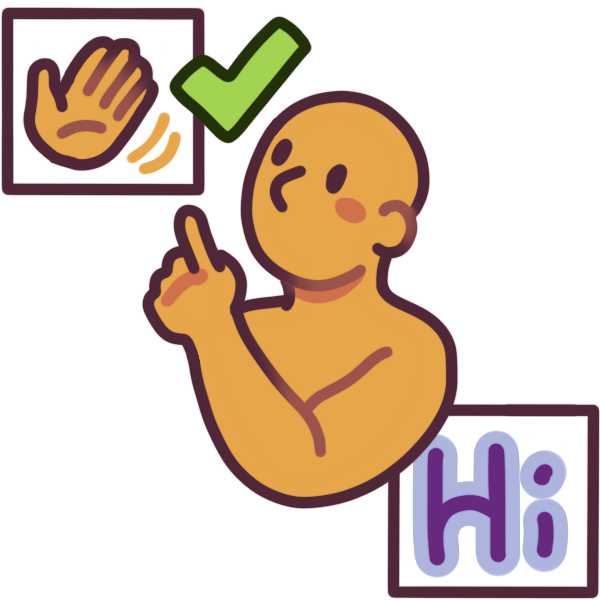 A person points upwards to a card with a waving hand. Below and off to the side is a card with “hi” written on it, and a check mark.